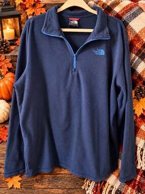 The North Face Men’s L Navy Blue Fleece Quarter Zip Pullover Blue Logo Outdoor